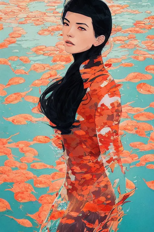 Image similar to a ultradetailed beautiful portrait panting of a stylish woman surrounded by floating koi fish, by conrad roset, greg rutkowski and makoto shinkai, trending on artstation