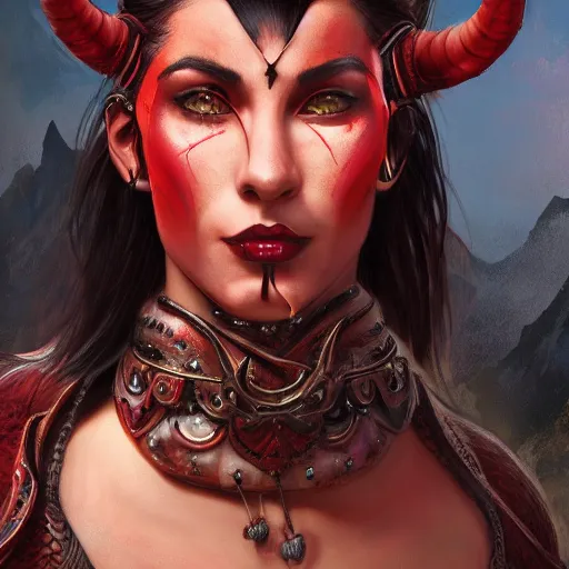 Prompt: portrait of a female berber tiefling with red skin, devil horns and black hair in a ponytail wearing a steel chestplate in a desert, fantasy, highly detailed, digital painting, artstation, concept art, character art, art by artgerm and tyler jacobson and alphonse mucha