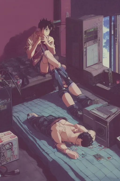 Image similar to anime manga guy laying on floor looking at computer, cluttered 9 0 s aesthetic bedroom, by artgerm, james jean, tom bagshaw, gerald brom, vaporwave colors, lofi colors, vaporwave, lofi, goth vibe, 4 k, smooth, hd, substance designer render, full body character concept art, symmetrical,