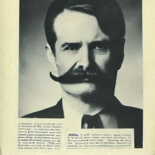Prompt: newspaper photo from 40s of a sidecut hair toupet mature stern looking slim medical doctor with a simple mustache