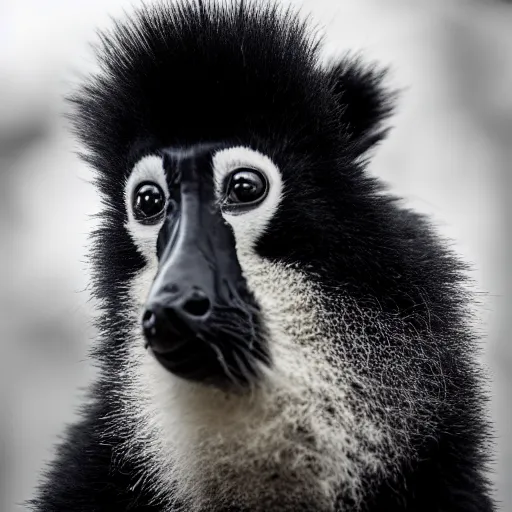 Prompt: A black and white ruffed lemur, frontal photo, portrait, bokeh, hyper realistic