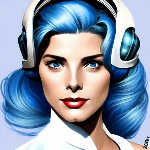 Prompt: Ashley Greene's face combined with Grace Kelly's face with blue hair as a retro-futuristic astronaut, western, D&D, fantasy, intricate, elegant, highly detailed, digital painting, artstation, concept art, matte, sharp focus, illustration, art by Artgerm and Greg Rutkowski and Alphonse Mucha