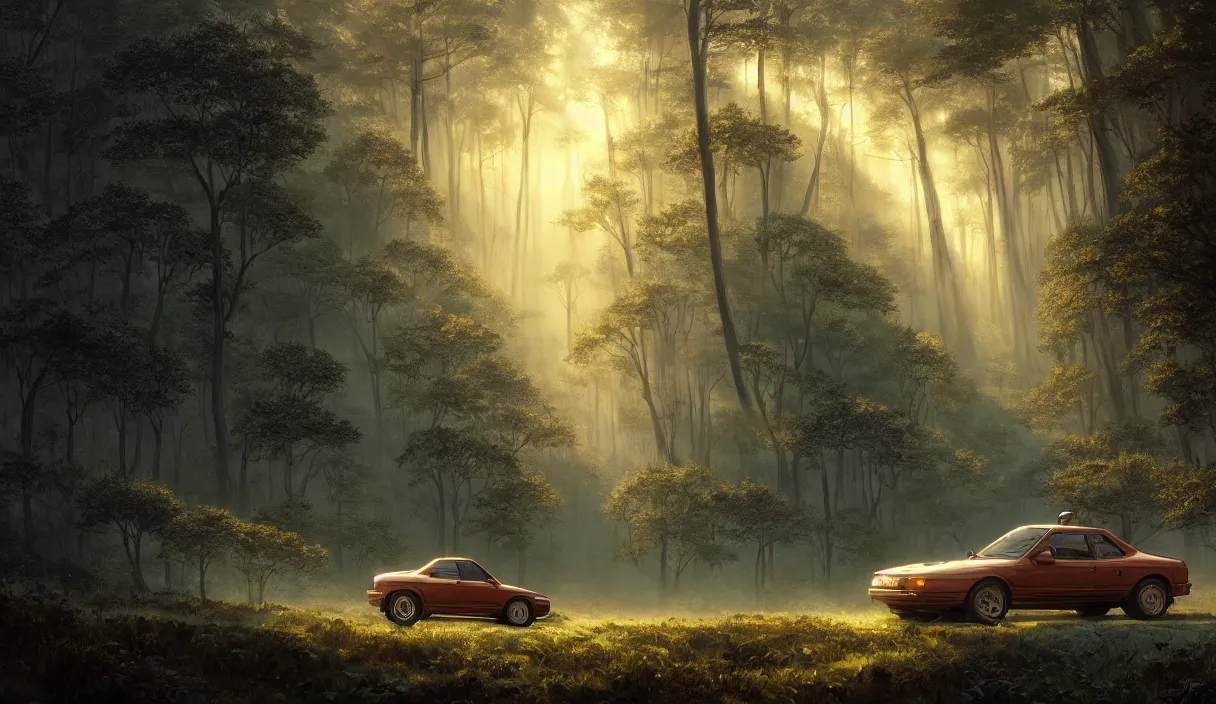 Image similar to detailed intricate digital landscape illustration by greg rutkowski and artgerm and wlop and sanford robinson gifford ; 1 9 8 8 vehicle, glowing headlights, yggdrasil forest thick trees ; 1 3 mm film still, wide angle arri alfa anamorphic lens, motion blur ; sharp focus, soft evening lighting with gleaming sun rays ; trending on artstation 4 k