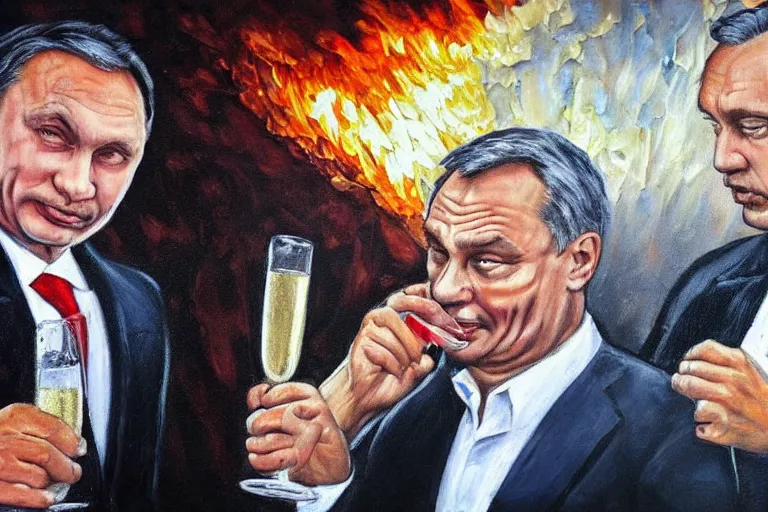 Image similar to viktor orban drinking champagne with putin in front a burning city, highly detailed face, oil painting