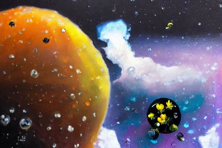 Image similar to hyperrealism oil painting, close - up ice cube with black flowers and fireflies, gradient mixed with nebula sky, in style of baroque