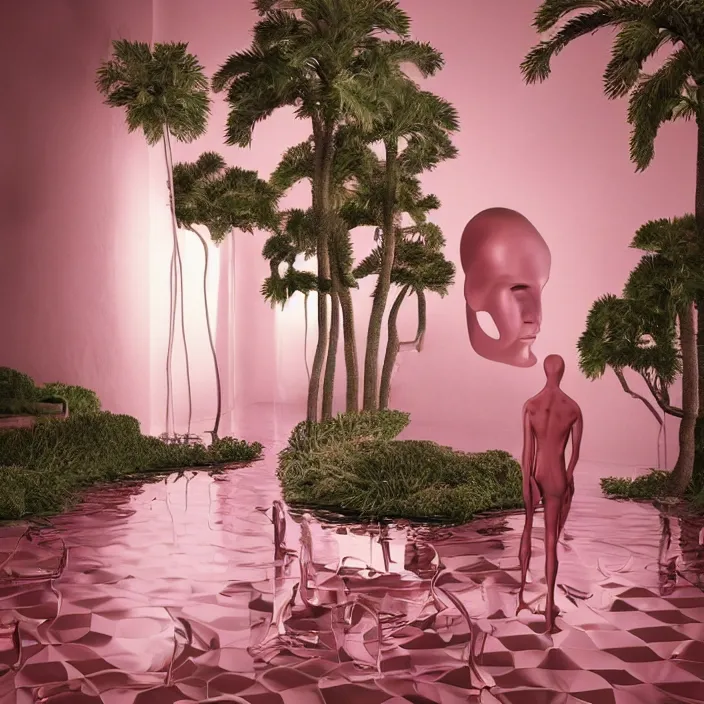 Image similar to hyperrealistic random objects in a surreal minimalistic dreamscape environment by salvador dali, enormous pink mannequin head statue, highly detailed, 3 d render, vray, octane, beautiful lighting, photorealistic, intricate, elegant, wayne barlowe, water, mirrors, doorway, beautiful, masterpiece, trending on artstation, artgerm, checkered floor, palm tree