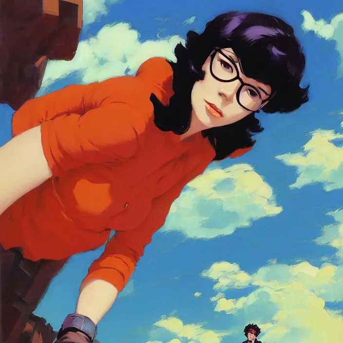 Prompt: Painting of Velma Dinkley in the style of Cowboy Bebop, countryside, calm, fantasy character portrait, dynamic pose, above view, sunny day, thunder clouds in the sky, artwork by Jeremy Lipkin and Giuseppe Dangelico Pino and Michael Garmash and Rob Rey and Greg Manchess and Huang Guangjian and Makoto Shinkai, very coherent asymmetrical artwork, sharp edges, perfect face, simple form, 100mm