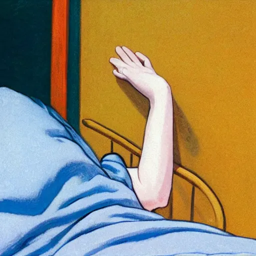 Prompt: close - up of hand of a korean woman sleeps from behind in levitation above her bed vibrant by akihiko yoshida and edward hopper