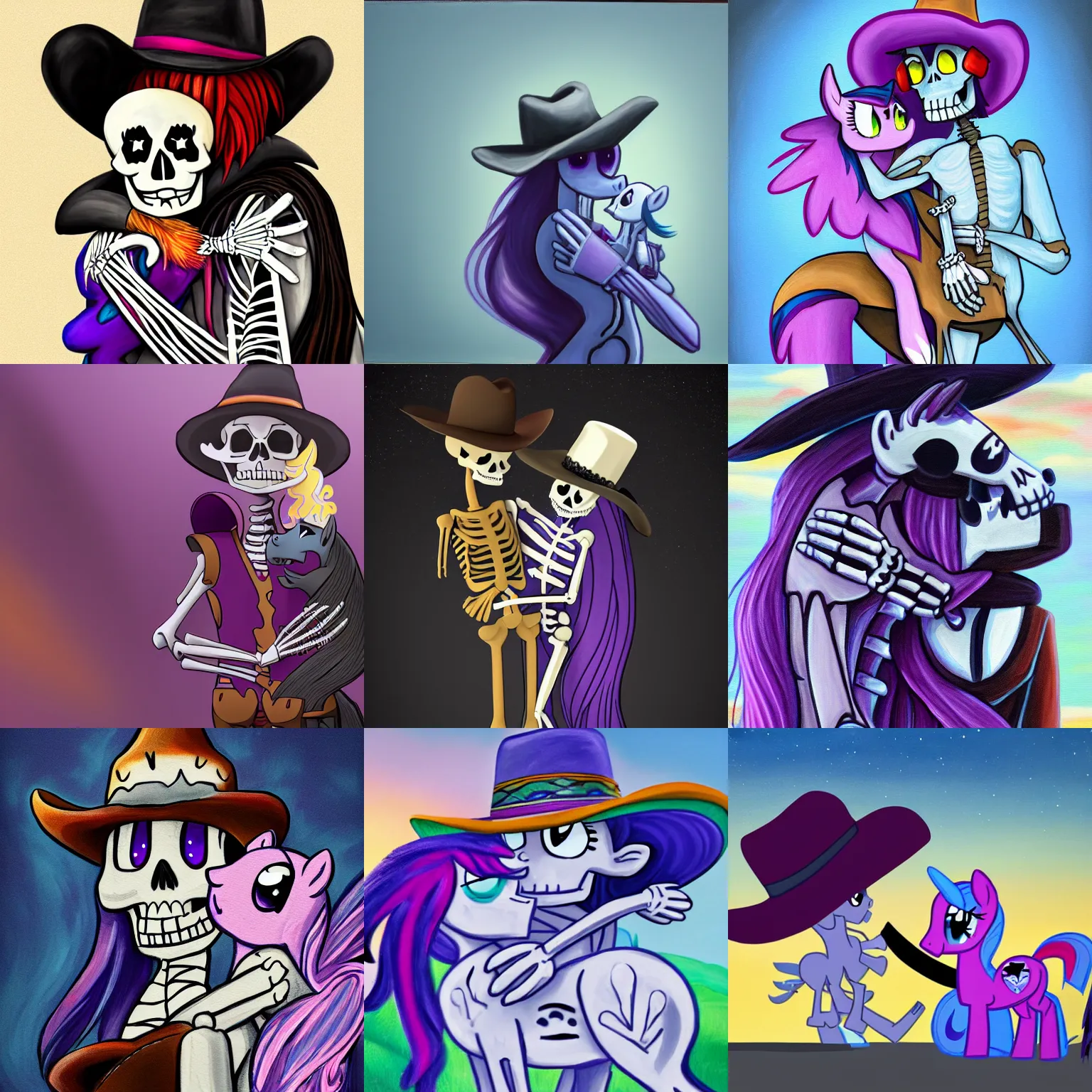 Prompt: a cartoon skeleton in a cowboy hat hugging a pony ( twilight sparkle ) from my little pony. painting. trending. cinematic. epic. highly detailed. 8 k