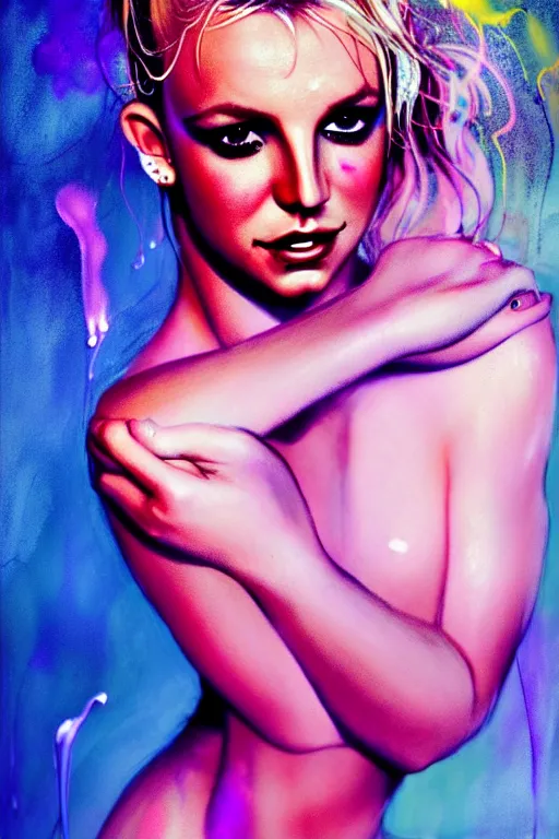 Prompt: sexy seductive little smile britney spears by agnes cecile enki bilal moebius, intricated details, sit face camera with legs spread out, hair styled in a bun, bend over posture, full body portrait, extremely luminous bright design, pastel colours, drips, autumn lights