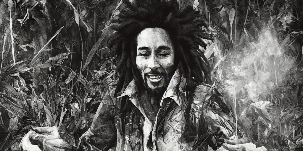 Image similar to bob marley walking though an infinite weed farm digital art, artstation, ultra detailed, beautiful aesthetic art