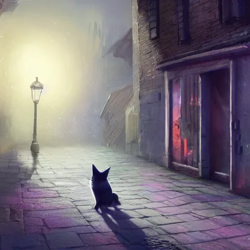 Image similar to Portraiture of Misty-Mitzy the Moon Moggy, huggy wuggy from poppy playtime video game sneaking through the streets of a medieval village at night, glowing lights, oil painting, Greg Rutkowski, Charlie Bowater, Beeple, unreal 5, DAZ, hyperrealistic, octane render, RPG portrait, dynamic lighting, fantasy art, beautiful face