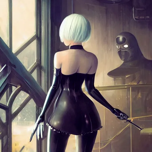 Image similar to highly detailed painting of 2 b from nier automata wearing a latex suit in a bar, stephen bliss, 8 k, by greg rutkowski, loish, rhads, artgerm, ferdinand knab, makoto shinkai and lois van baarle, ilya kuvshinov, rossdraws, global illumination, radiant light, detailed and intricate environment