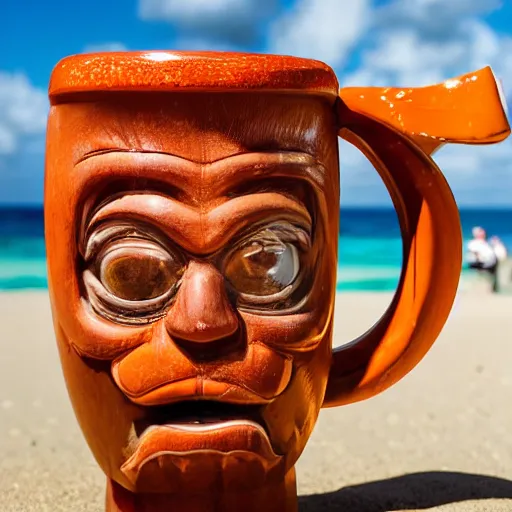 Image similar to a closeup photorealistic photograph of a glossy orange cat garfield style tiki mug sitting at a trader vic's beach bar featuring garfield's face. tiki theme. bright scene. fine detail. this 4 k hd image is trending on artstation, featured on behance, well - rendered, extra crisp, features intricate detail, epic composition and the style of unreal engine.