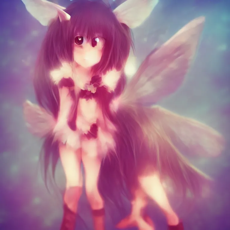 Image similar to cute, full body, female, anime style, a cat girl with fairy wings, large eyes, beautiful lighting, sharp focus, simple background, creative, heart effects, filters applied, illustration