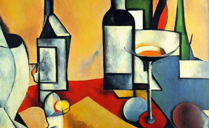 Prompt: abstract oil painting on paper of a still life, with a white mug, white wine bottle, wine glass, on a table, in the style of john craxton, similar aesthetics to picasso, cezanne.