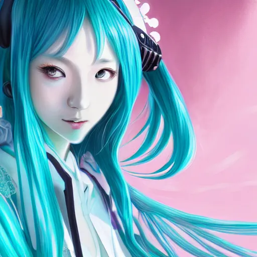 Image similar to portrait of hatsune miku, intricate, elegant, highly detailed, digital painting, artstation, concept art, smooth, sharp focus, illustration, by bartek fedyczak, erak note, tooth wu, neil richards, kan liu, siwoo kim, jisu choe