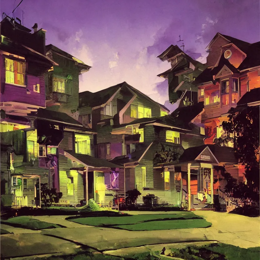 Image similar to a suburban neighborhood with deep green and purple glowing clouds. highly detailed science fiction painting by norman rockwell, frank frazetta, and syd mead. rich colors, high contrast, gloomy atmosphere, dark background. trending on artstation.