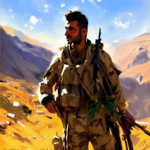 Prompt: Intense vibrant film still of a Kurdish Peshmerga soldier in the Kurdish mountains, oil painting by John Singer Sargent, Adrian Smith, Greg Rutkowski, Trending on Artstation, incredible detail, photorealistic