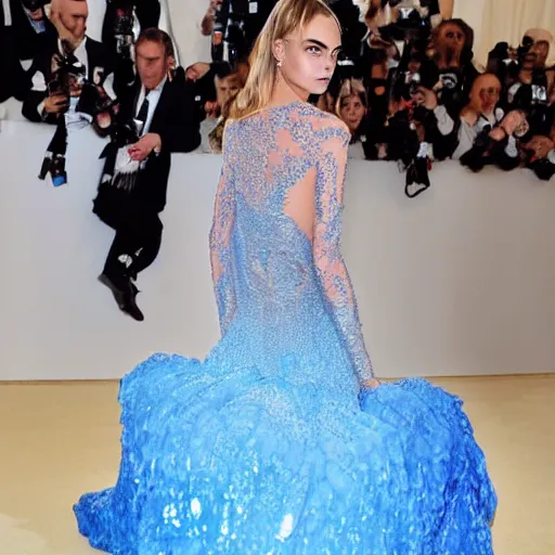 Image similar to Super model Cara delevingne wearing a gown made of flowing plasma ultra high quality extremely intricacies in the level of detail photorealism 8k very beautifully designed style of Damien Gilley