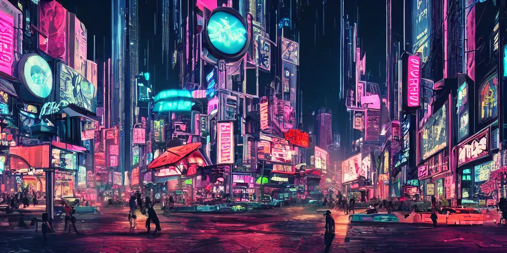 Prompt: a cyberpunk style busy city Main Street with neon signs, stormy weather, futuristic flying cars, and many people