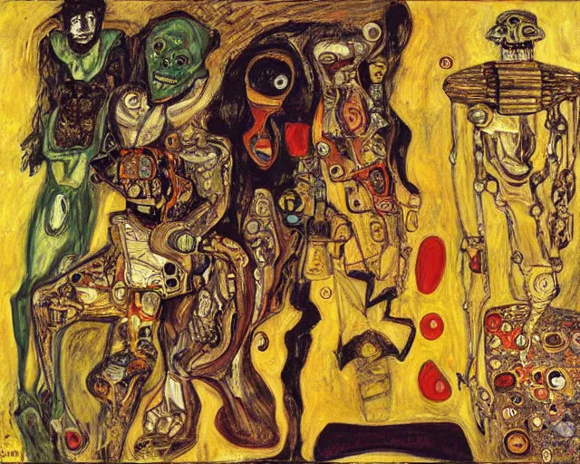 Prompt: a painting of a monsters and robots by graham sutherland, egon schiele, gustav klimt, neo - expressionism