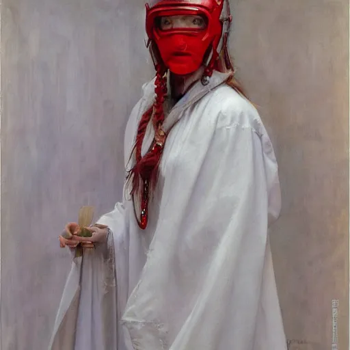 Image similar to portrait of a priestess, wearing all - white clothes, and a red helmet, by donato giancola and berthold woltze.