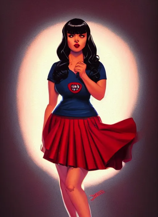 Image similar to full body portrait of teenage veronica lodge, obese, bangs, sultry, realistic, sultry smirk, wavy hair, red skirt, fat, belly, intricate, elegant, glowing lights, highly detailed, digital painting, artstation, concept art, smooth, sharp focus, illustration, art by wlop, mars ravelo and greg rutkowski