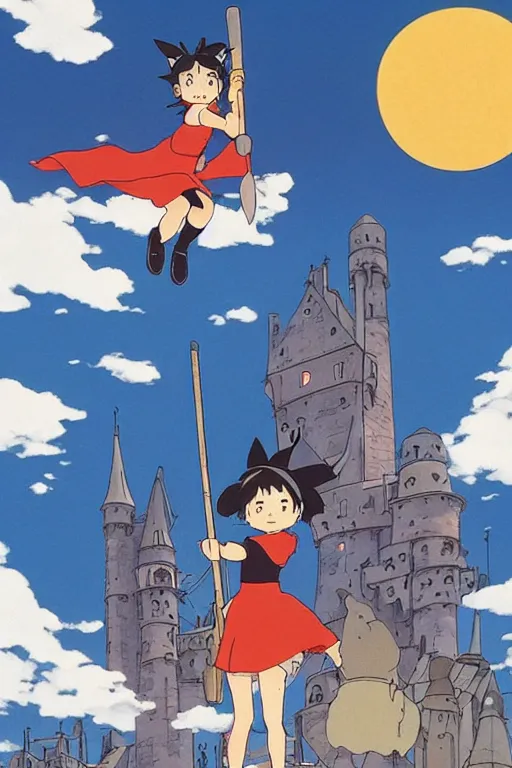 Prompt: Kiki's Delivery Service,A girl on a broomstick flying over the city sky at afternoon ,Medieval Cities ,Eye-catching blue accents,by studio ghibli