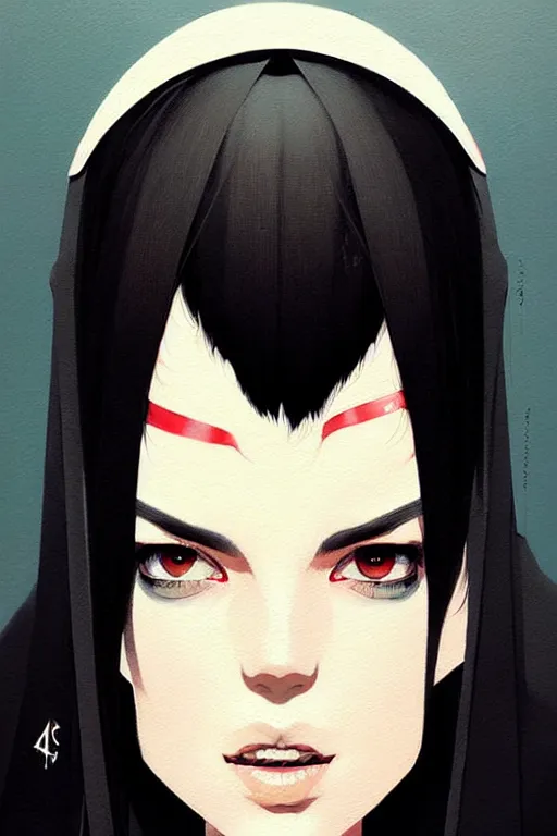 Image similar to a ultradetailed beautiful painting of a stylish nun, she has short black hair with bangs, by conrad roset, greg rutkowski and makoto shinkai trending on artstation