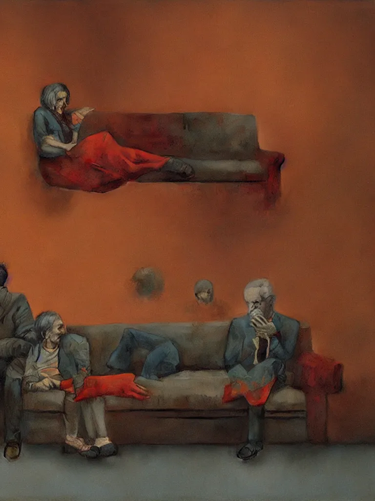 Prompt: photo of a very old couple sitting on a couch, psx game graphics , Beksinski painting, part by Adrian Ghenie