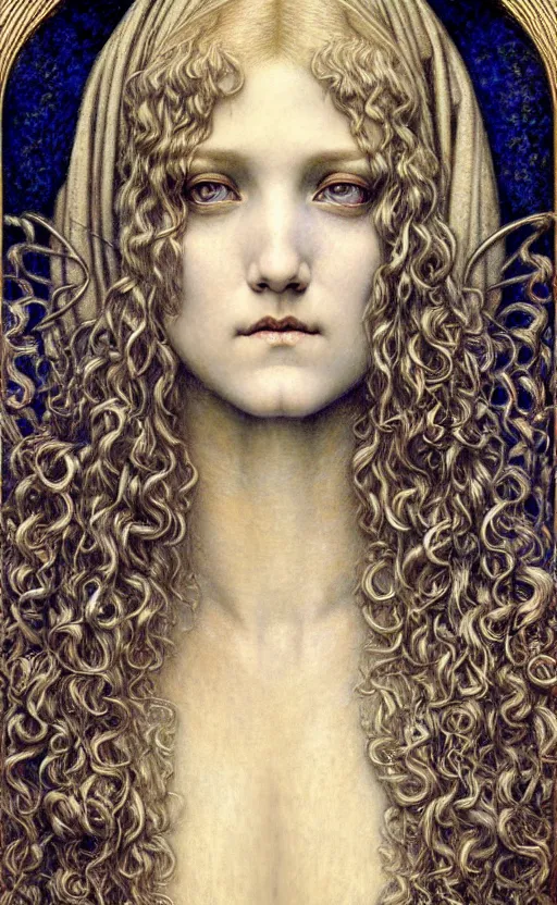 Image similar to detailed realistic beautiful young medieval queen face portrait by jean delville, gustave dore and marco mazzoni, art nouveau, symbolist, visionary, gothic, pre - raphaelite. horizontal symmetry