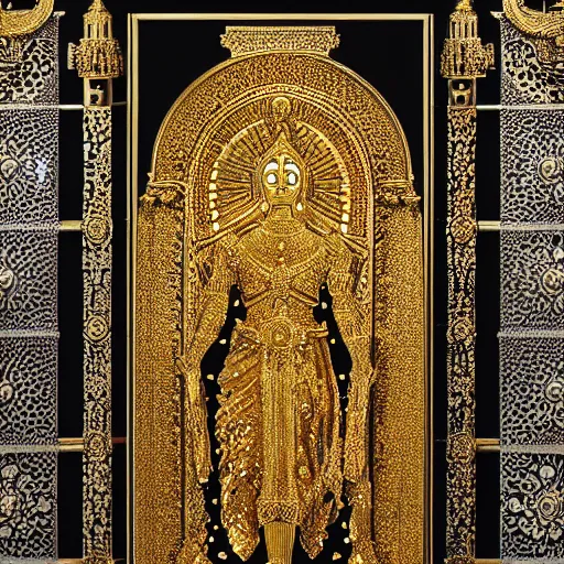 Image similar to epic deatailed golden statue of the King, surrounded by intricate gold lace metalwork on a black smokey background. metallic, accent lighting, glowing, gold