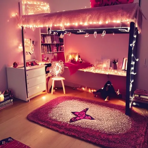 Image similar to a pink and gold bedroom with halloween themed christmas decorations, loft bed, books, throw rug, cushions, gamer, relaxing, real life, high resolution, kawaii