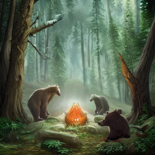 Image similar to elven druid summoning bears in the forest, d & d inspired, trending on artstation, ultra fine detailed, hyper detailed, hd, concept art, digital painting