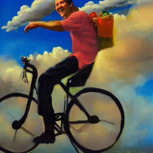 Image similar to A whimsical painting of a happy man flying in the sky on his bicycle in the clouds, action shot, subject is smiling, expressive oil painting