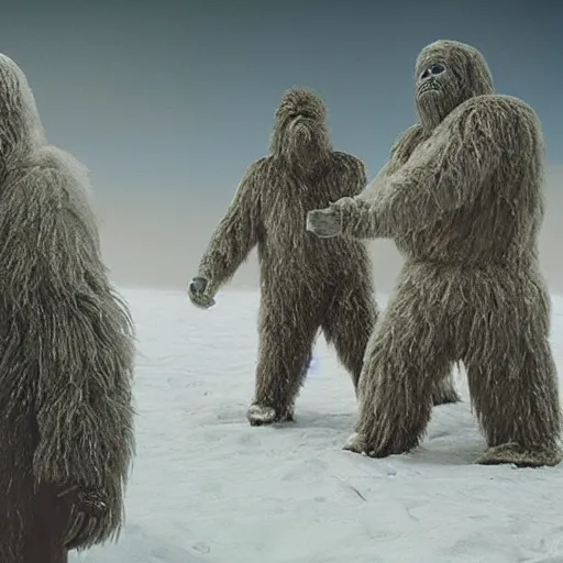 Image similar to Highly detailed, photorealistic, family of Yetis around a bonfire, by Gregory Crewdson