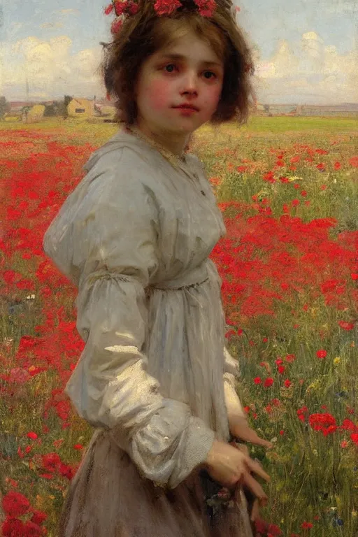 Prompt: Solomon Joseph Solomon and Richard Schmid and Jeremy Lipking victorian genre painting portrait painting of a plain young village girl in an open field of flowers, red background