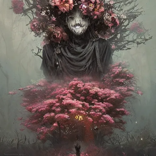 Image similar to a beautiful terrifying monster made out of flowers. ethereal horror fantasy art by greg rutkowski