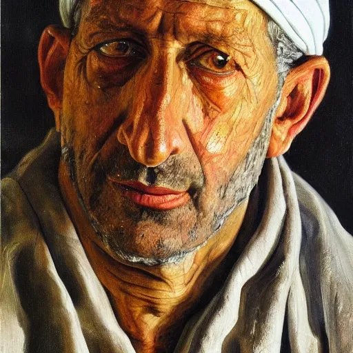 Image similar to high quality high detail painting by lucian freud, hd, portrait of an arab lord, photorealistic lighting