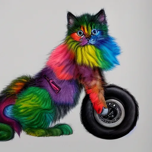 Image similar to wide angle full body, of a fluffy cute rainbow kitten wearing a black leather motorcycle jacket, concept art