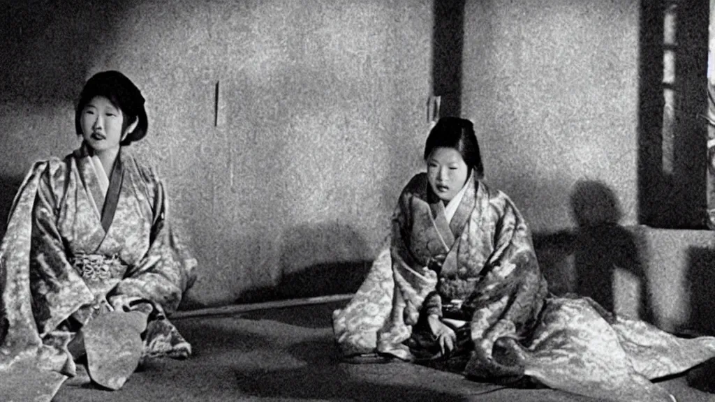 Image similar to shadow of a monstrous starfish behind a woman in hanbok sitting on a couch, traditional korean interior, in rashomon a kaiju - eiga monster movie by akira kurosawa and ishiro honda