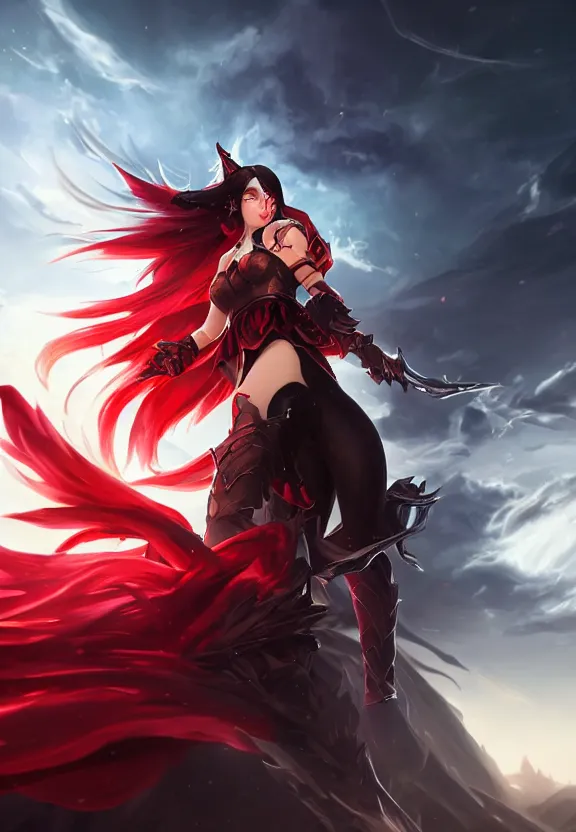 Image similar to a beautiful fierce long black haired woman wearing red dress wielding black sword posing heroically, heavenly moonlit clouds background, close up shot, perfect hyperdetailed face, league of legends style, splash art, highly detailed, vray, artstation, extremely detailed woman, stunning volumetric lighting, hyper realism, fantasy 4k