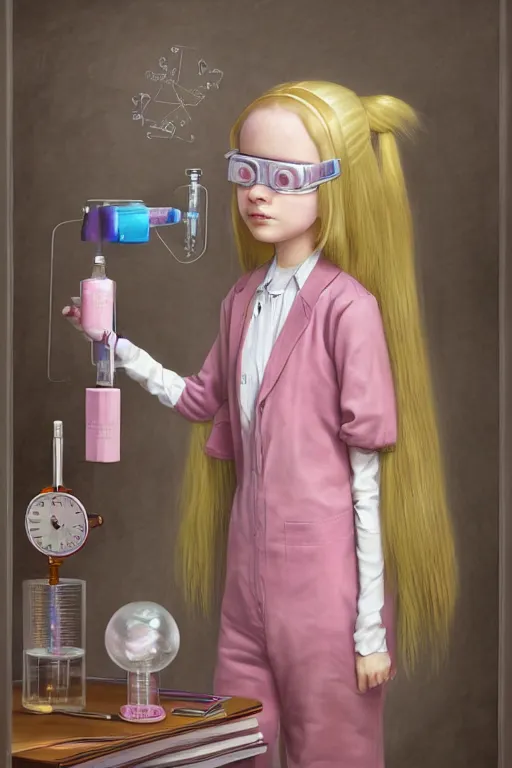 Image similar to highly detailed, profile portrait of a extremely beautiful, young adult, princess bubblegum from adventure time, experimenting in her science lab, wearing lab coat & saftey goggles, long bubblegum hair with long straight bangs, illustration concept art by nicoletta ceccoli, mark ryden, lostfish, detailed and intricate environment, 8 k resolution, hyperrealistic, 3 d octane render