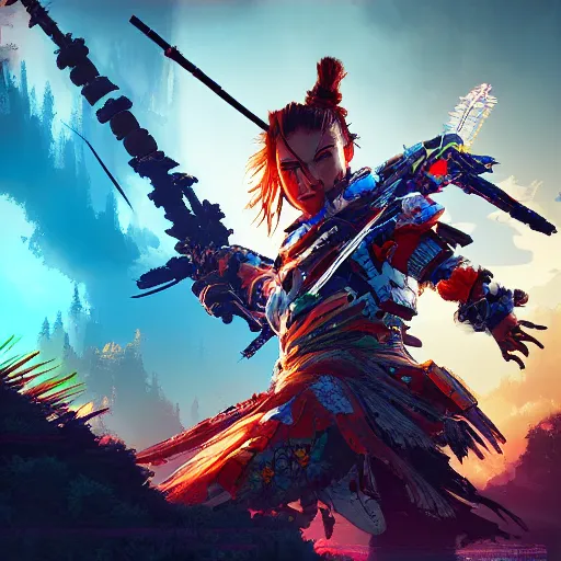 Image similar to cyber samurai warrior of horizon forbidden west horizon zero dawn bioluminiscence global illumination ray tracing hdr fanart arstation by ian pesty and alena aenami artworks