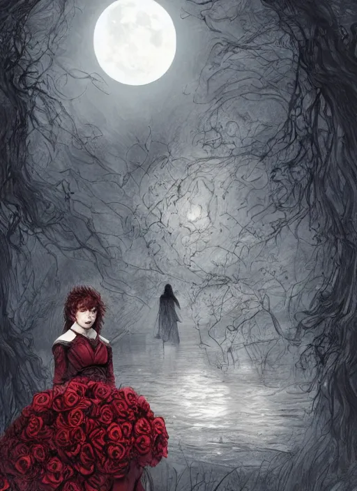 Image similar to portrait, A young witch in front of the full big moon, book cover, red roses, red white black colors, establishing shot, extremly high detail, foto realistic, cinematic lighting, pen and ink, intricate line drawings, by Yoshitaka Amano, Ruan Jia, Kentaro Miura, Artgerm, post processed, concept art, artstation, matte painting, style by eddie, raphael lacoste, alex ross