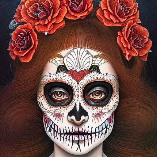 Image similar to beautiful portrait painted in jacek yerka and aykut aydogdu style drawn by sasha bom and takato yamamoto, inspired by dia de los muertos, intricate acrylic gouache painting, high detail, sharp high detail, artstation, manga and anime