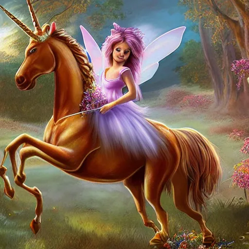 Image similar to photo of a fairy riding a unicorn, highly detailed