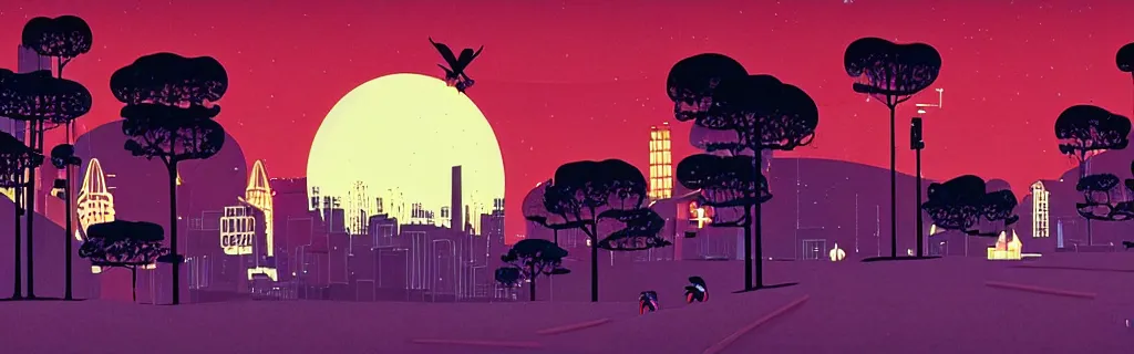 Image similar to sci - fi city night scene with moon and helicopter in the sky, red and purple tone, modernism, gouache, trees, animated film, stylised, illustration, by eyvind earle, scott wills, genndy tartakovski