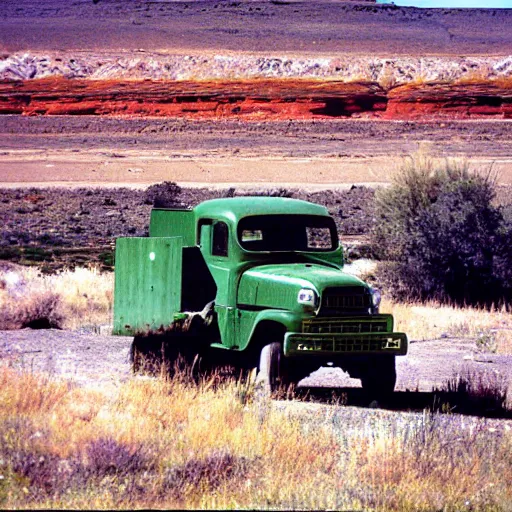 Image similar to photo, green river wyoming, off road truck, kodak ektachrome 1 2 0,